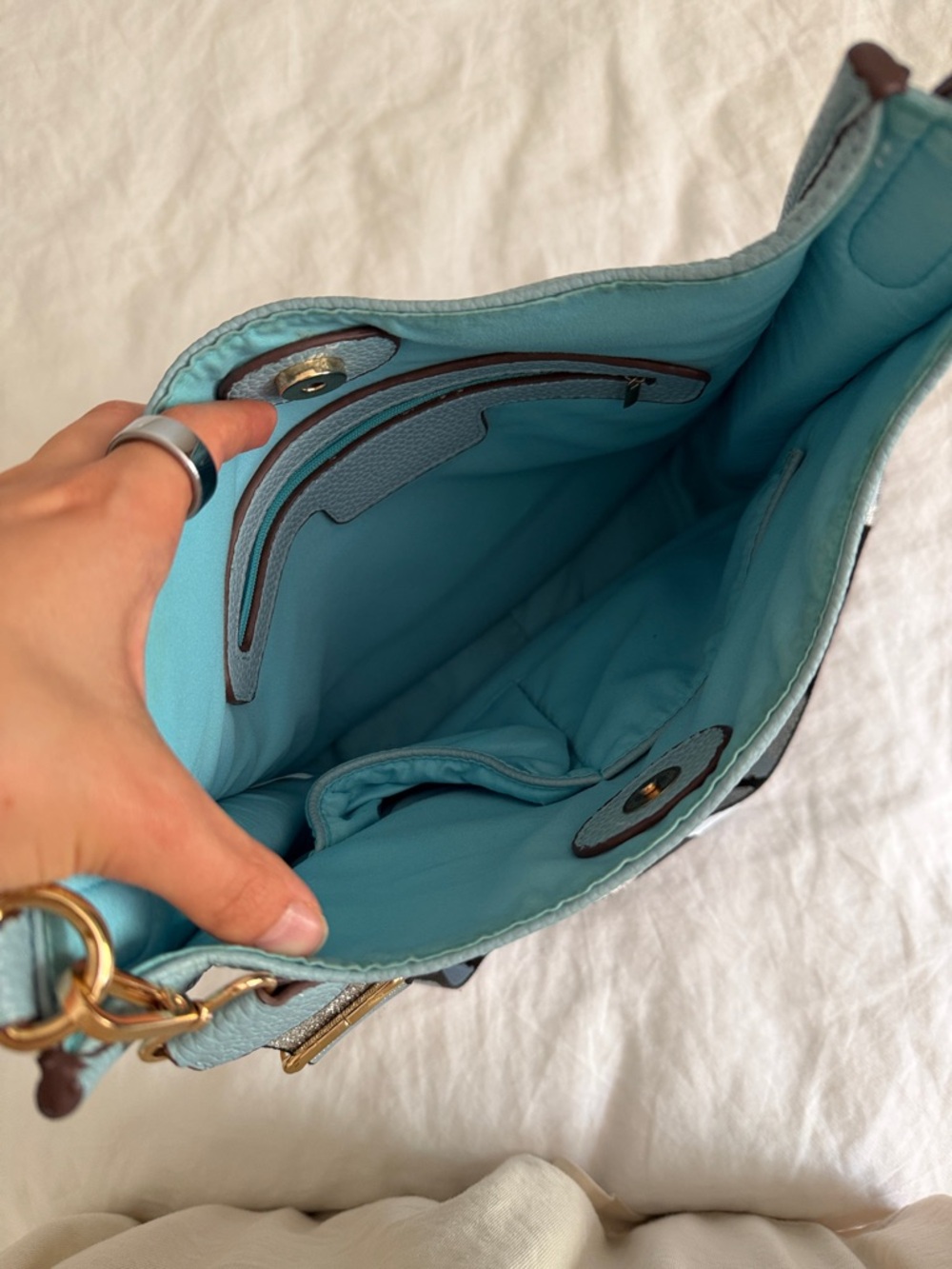 Light Blue Leather Crossbody Bag with Patterned Strap - Picture 3 of 3